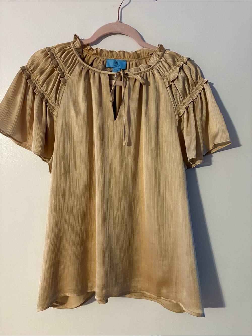 CeCe Light Beige Ruffle-Trim Tie-Neck Flutter Sleeve Blouse